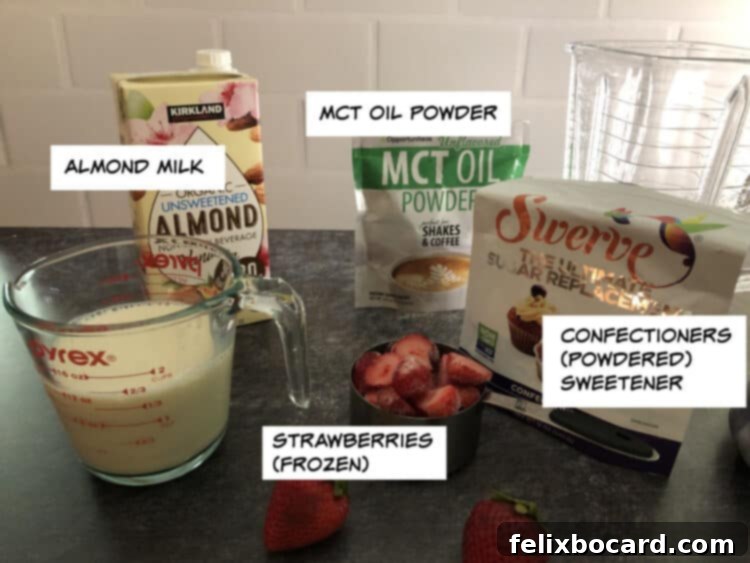 ingredients: almond milk, MCT oil powder, powdered sweetener, strawberries