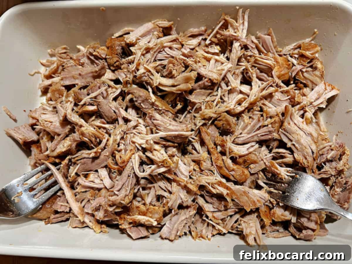 A pan filled with beautifully shredded pulled pork, fresh from the Instant Pot, ready to be served.
