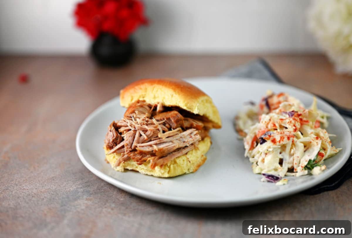 A perfectly assembled pulled pork sandwich on a plate, accompanied by a serving of fresh coleslaw.