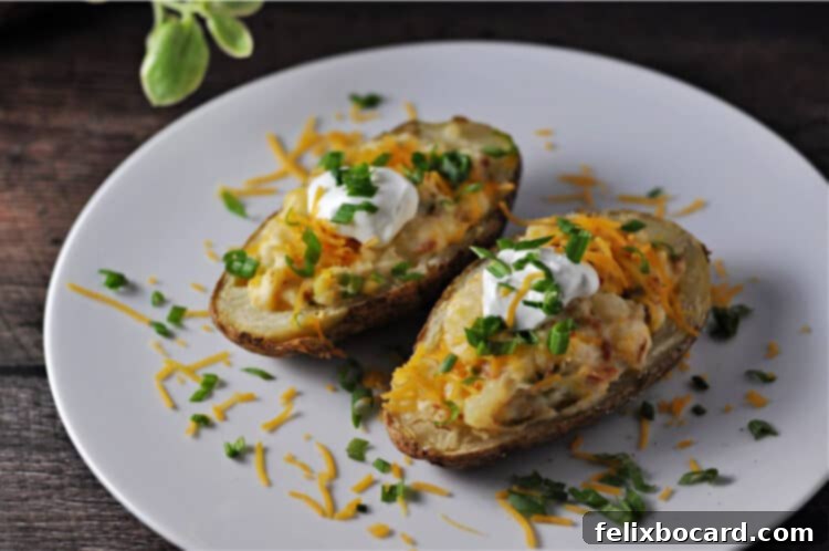 Two halves of grilled twice baked potatoes on a white plate, garnished with chives