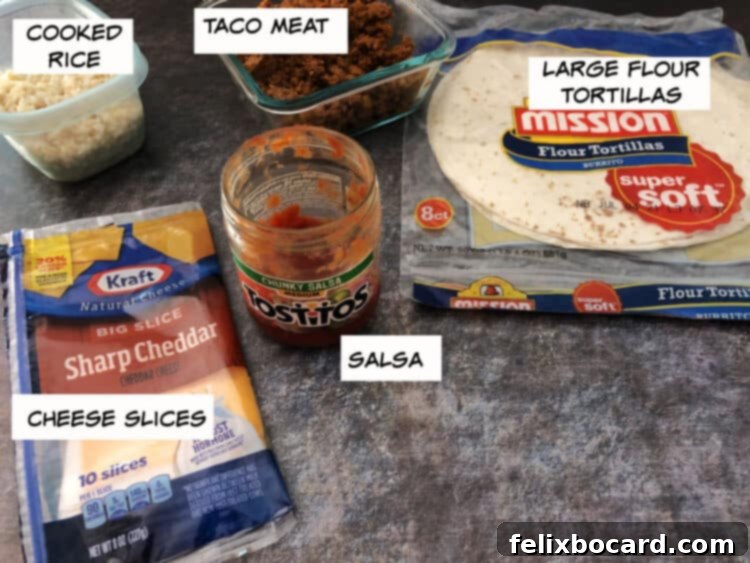 A vibrant selection of ingredients: fluffy cooked rice, seasoned taco meat, soft flour tortillas, zesty salsa, and rich cheese slices, all ready for burrito assembly.