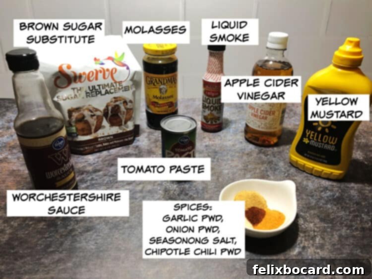 Keto Grill Master Sauce 3 Ingredients: worchestershire sauce, Brown sugar substitute, molasses, liquid smoke, apple cider vinegar, yellow mustard, tomato paste and spices
