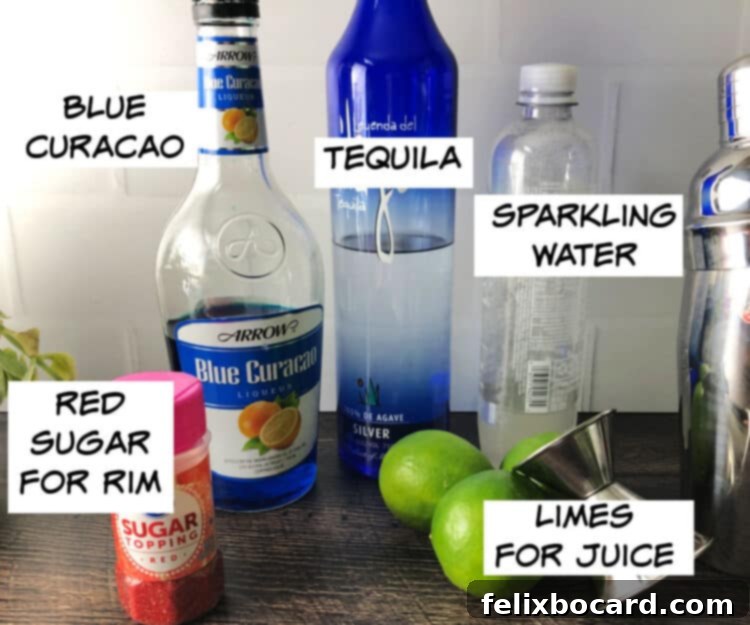 Ingredients for Firecracker Margarita: blue curacao, tequila, sparkling water, limes, red sugar