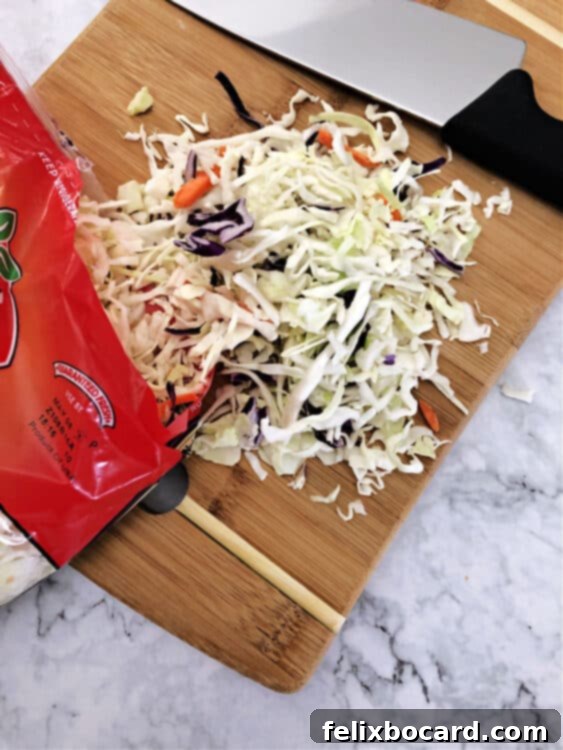 coleslaw mix on a cutting board