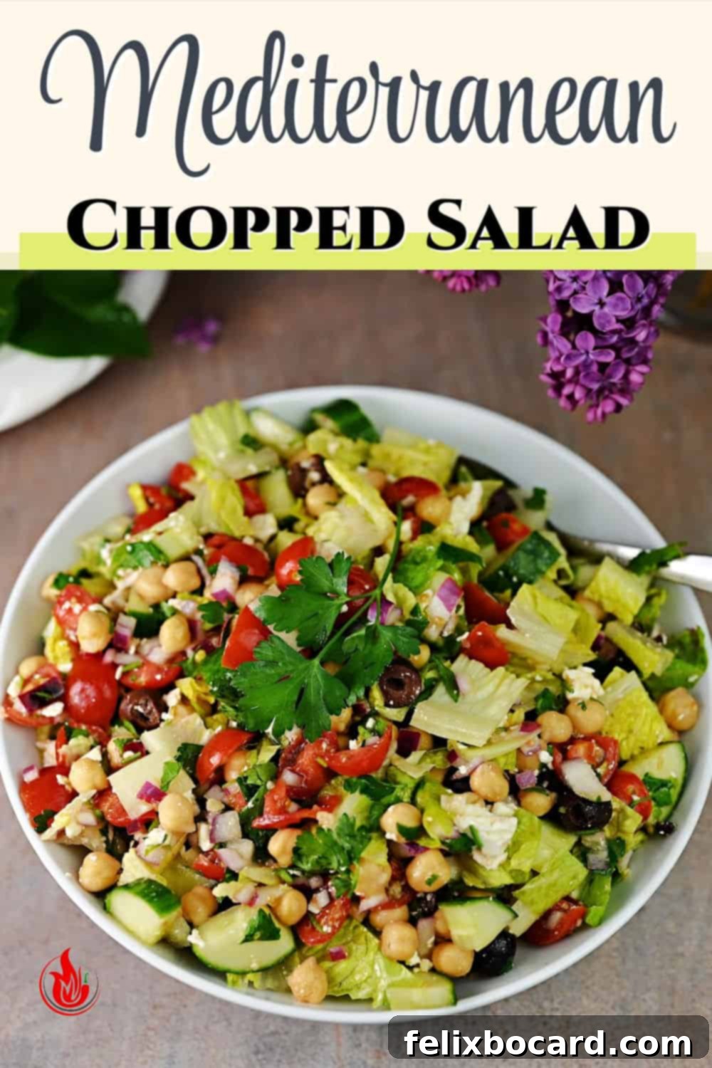 A beautiful Pinterest pin graphic featuring the Mediterranean Chopped Salad, perfect for saving and sharing.