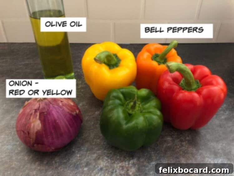Sweet and Smoky Grilled Peppers and Onions 3 Ingredients for grilled peppers and onions: olive oil, a variety of colorful bell peppers, and a yellow onion, neatly arranged.