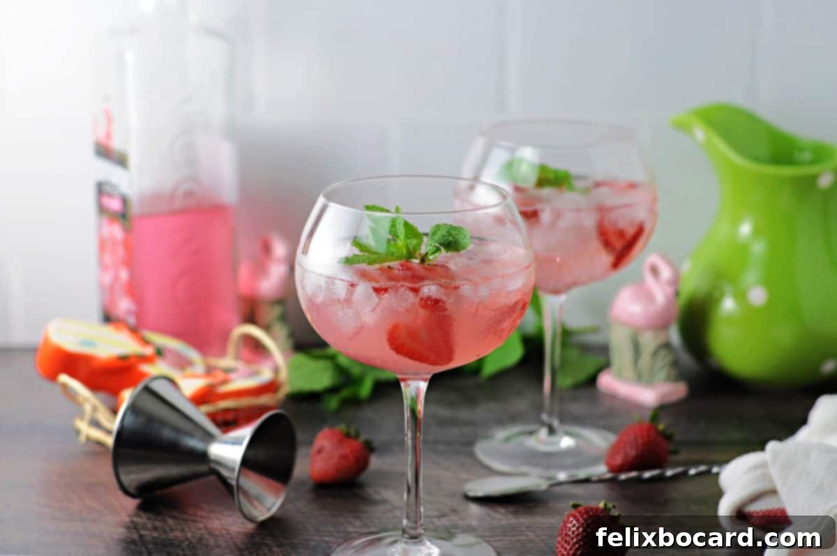 Two elegant wine glasses filled with sparkling pink gin and tonic cocktails, garnished with fresh berries or citrus slices.