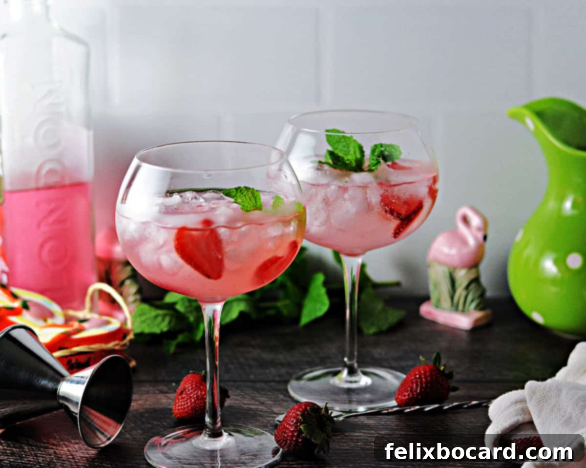 A vibrant pink gin and tonic served in a elegant balloon style glass, garnished with fresh strawberries and mint.