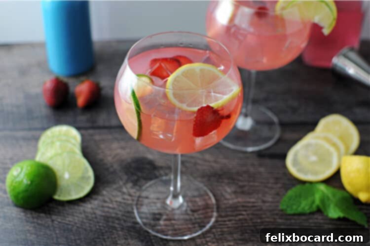 Blush Gin Sparkler 2 pink gin & lemonade drink in a wine glass garnished with lemon, lime and strawberry slices