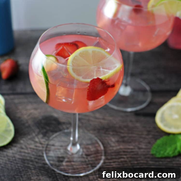 Blush Gin Sparkler 3 Pink gin and lemonade in a wine glass garnished with slices of lemon, lime and strawberries