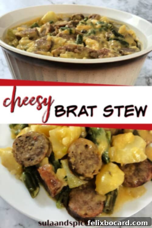 A Pinterest-friendly image showcasing the Cheesy Bratwurst Casserole, suggesting it as a delicious and comforting meal idea.