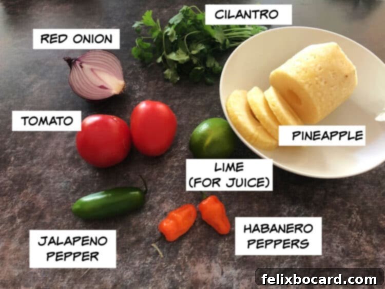 Tropical Heat Salsa 3 Clearly labeled fresh ingredients for pineapple habanero salsa including red onion, cilantro, pineapple, lime, habanero peppers, jalapeno peppers, and tomatoes arranged on a cutting board.