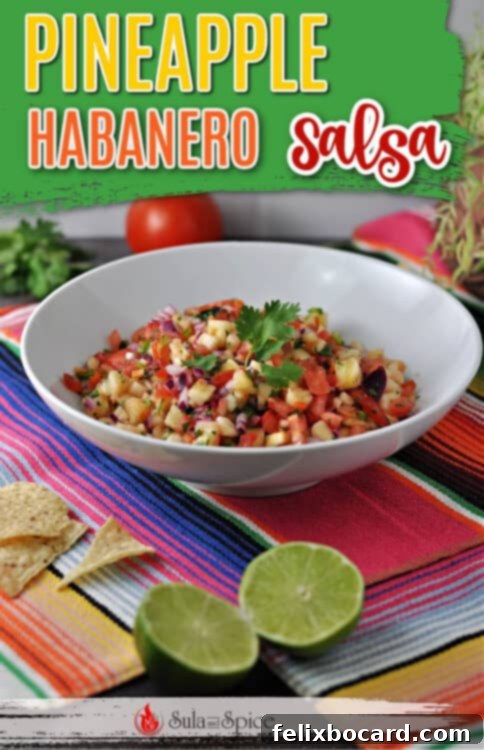Tropical Heat Salsa 6 Vibrant Pinterest pin image for Pineapple Habanero Salsa, showcasing the colorful salsa in a bowl with text overlay 'Sweet and Spicy Perfection'.
