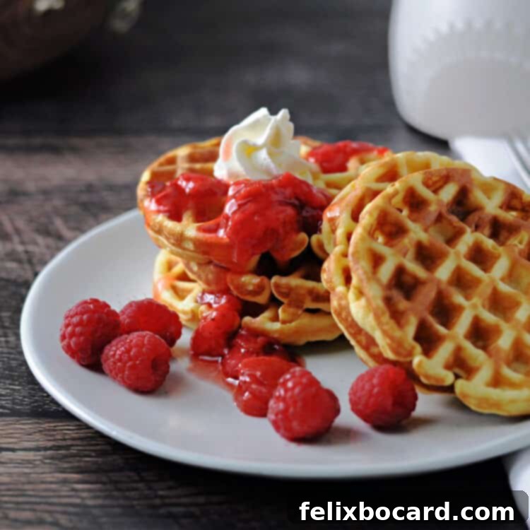 stack of 4 keto waffles (breakfast chaffles)with a little berry sauce drizzled on top and a dollop of whipped cream. 2 palin waffles lean on teh stack and some raspberries are also scattered on the plate