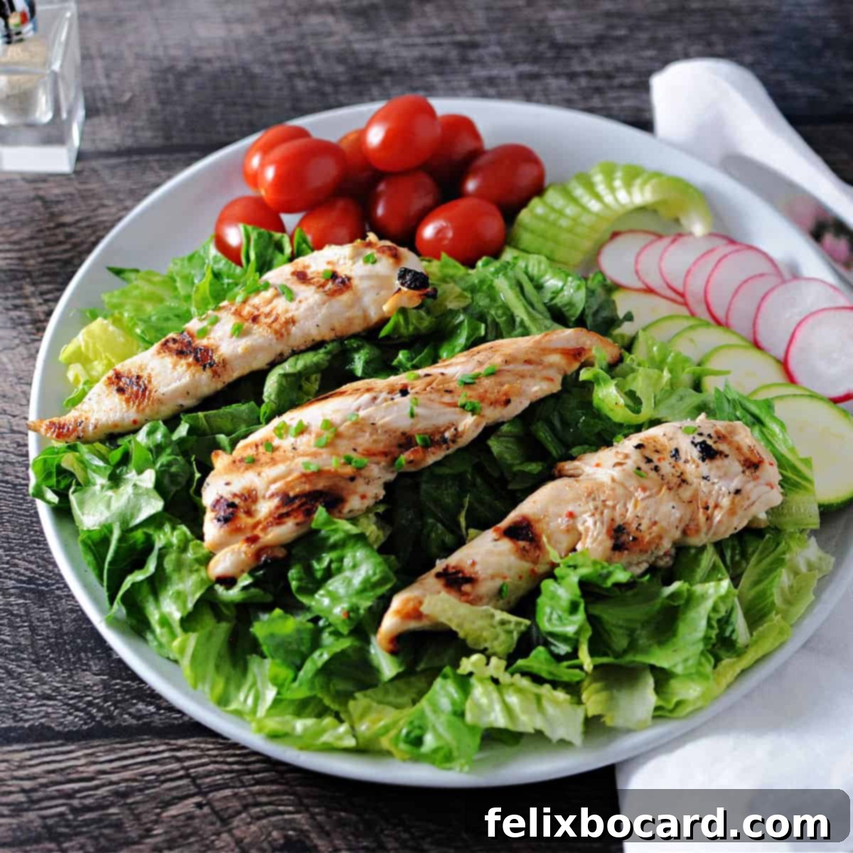 Chargrilled Chicken Strips 7 Three perfectly grilled chicken tenders arranged on a bed of mixed greens, surrounded by colorful salad ingredients like tomatoes, cucumbers, and bell peppers.
