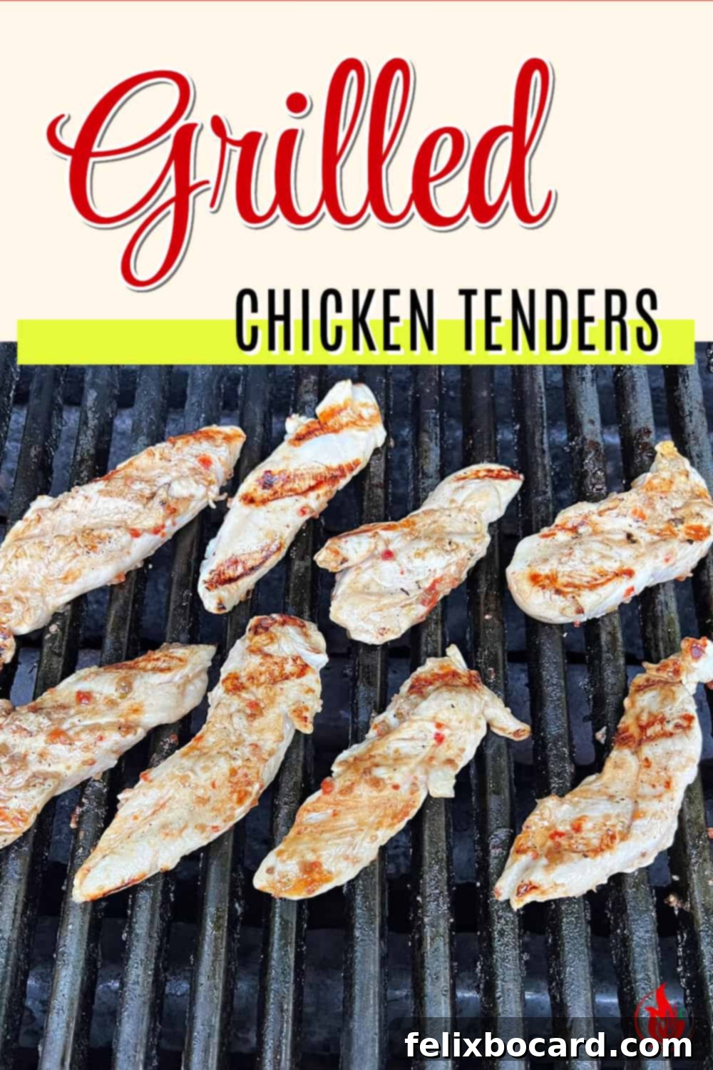 Chargrilled Chicken Strips 8 A Pinterest pin image for Grilled Chicken Tenders, featuring a close-up of three tenders on a plate with salad greens.
