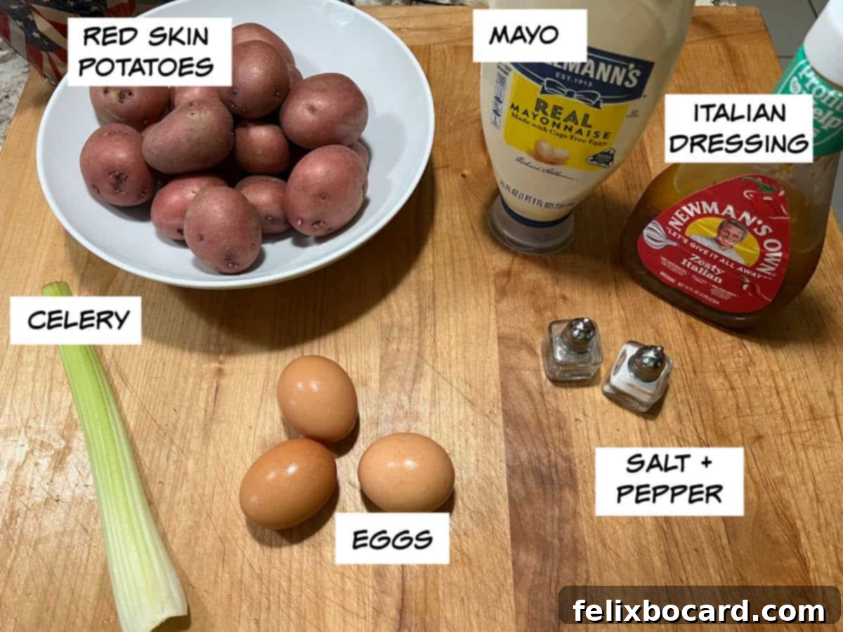 Creamy Red Potato Salad 3 Ingredients: red skin potatoes, mayo, Italian dressing, celery, eggs, and salt and pepper.