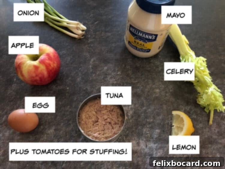 Ingredients for tuna stuffed tomatoes: onion, mayonnaise, celery, lemon wedge, canned tuna, hard-boiled egg, and apple, with fresh tomatoes in the background.