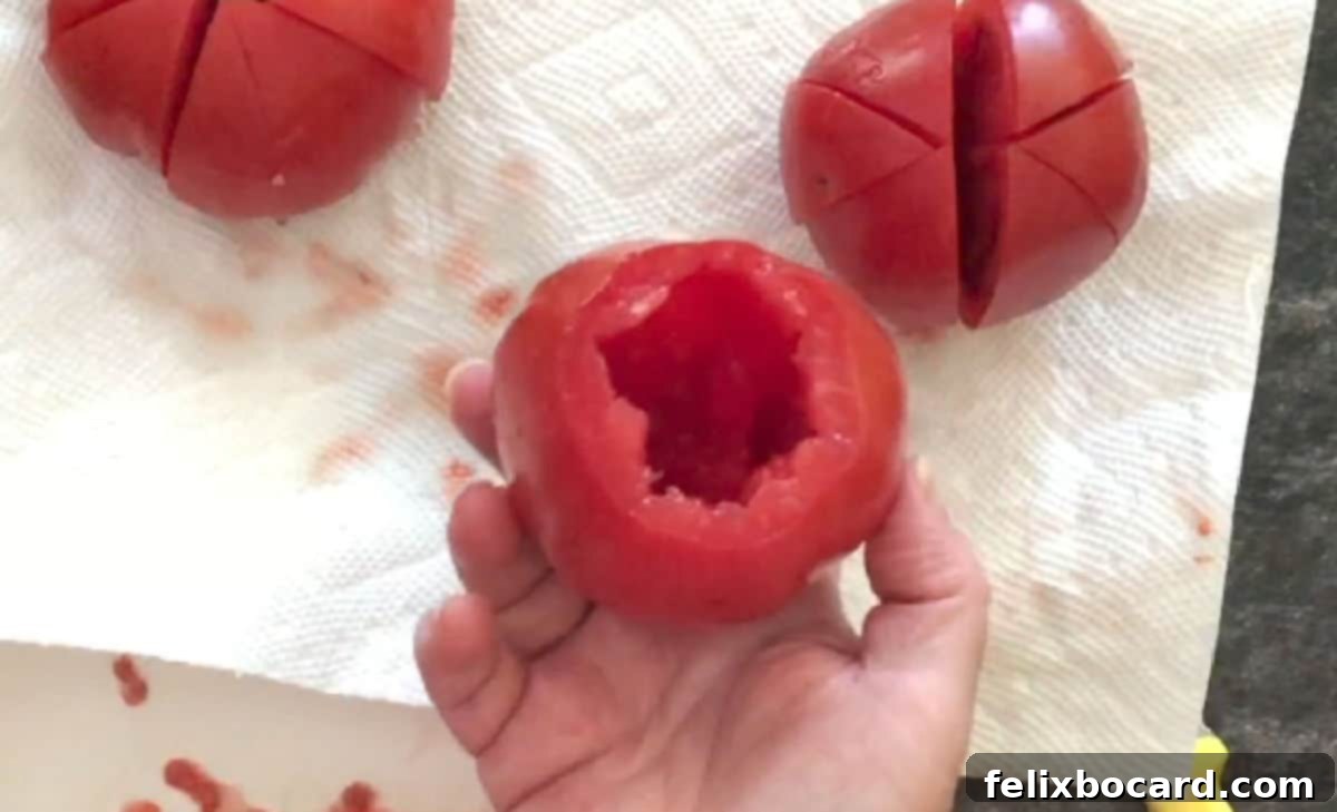 A red tomato with its center neatly scooped out, ready for stuffing.