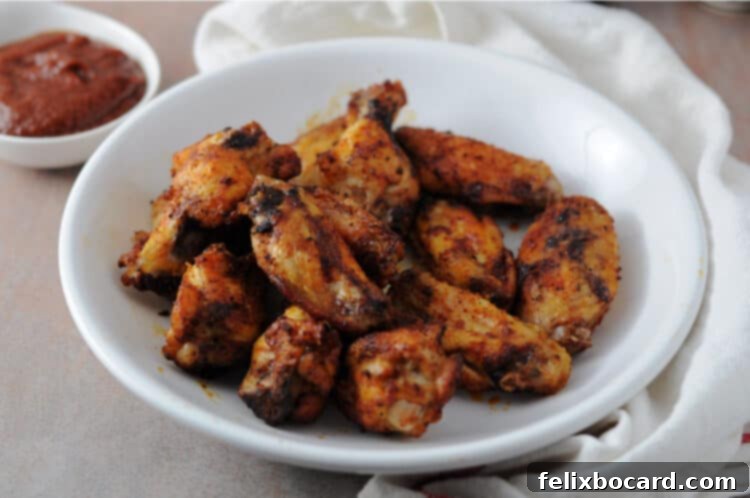 Air fryer BBQ chicken wings in a shallow white bowl for serving, garnished with fresh herbs