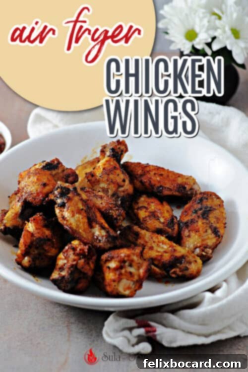 Promotional image for air fryer chicken wings recipe, suitable for Pinterest
