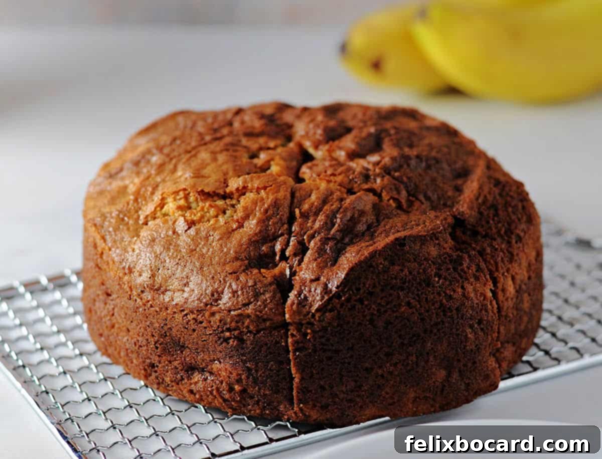 Golden Air Fryer Banana Bread 8 A golden-brown round loaf of air fryer banana bread cooling gracefully on a wire rack, steam gently rising.