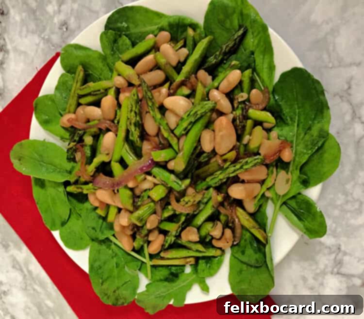 Asparagus and cannellini bean salad arranged on a bed of fresh arugula