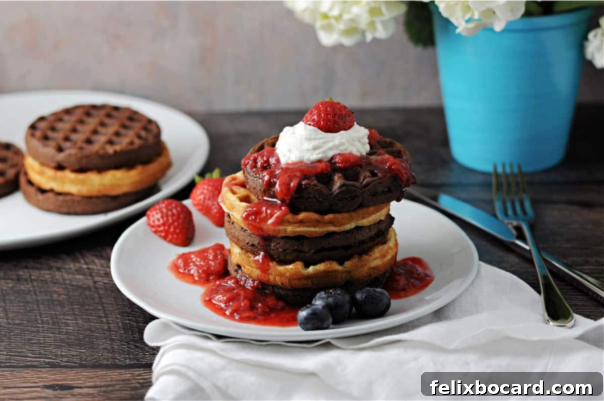 A tall stack of chocolate cake mix waffles, generously topped with fresh berries and a cloud of whipped cream, on a white plate ready for a delicious breakfast.
