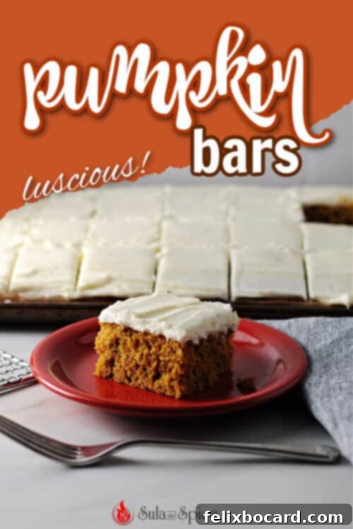 A vibrant pin graphic for pumpkin bars with cream cheese frosting, designed for social media sharing and showcasing the delicious treat.