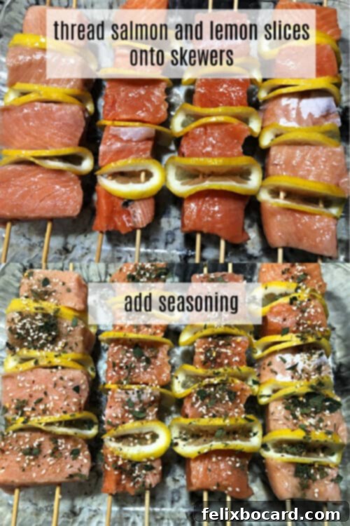 Two side-by-side images showing salmon kabobs: one with the raw salmon and lemon threaded on skewers, and the other with the kabobs seasoned and ready for cooking.