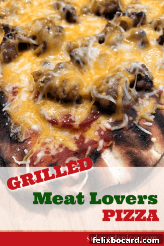 Hearty meat lover's grilled pizza, generously topped with savory sausage and pepperoni, displaying a perfectly melted cheese and crisp crust.