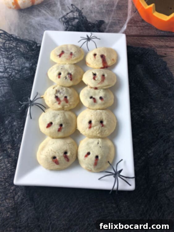 Rectangular plate of spooky vampire kiss cookies, with red raspberry jam oozing from the bite mark holes.
