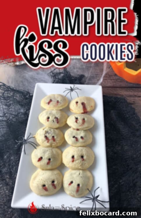 Pinterest pin graphic for Vampire Kiss Cookies recipe, showing the cookies on a plate.