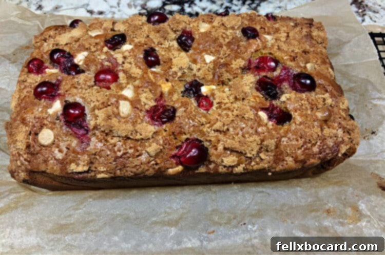 A freshly baked Eggnog Cranberry Bread loaf, golden brown and just out of the oven.