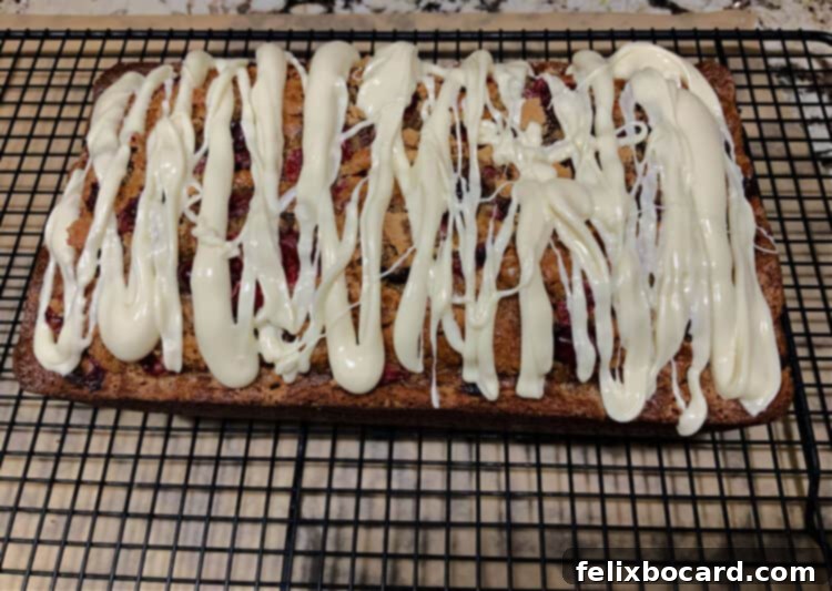 A baked Eggnog Cranberry Bread loaf, beautifully drizzled with melted white chocolate, ready to be sliced.