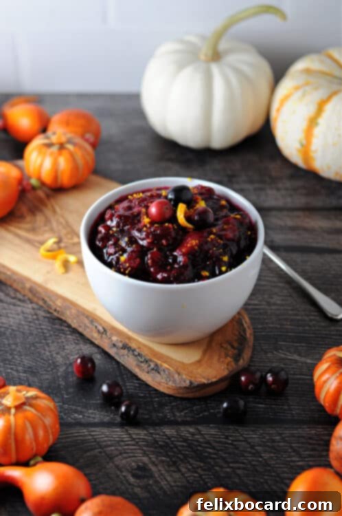 Low-Carb Cranberry Delight 2 sugar free keto cranberry sauce in a white bowl, surrounded by small gourds for decoration