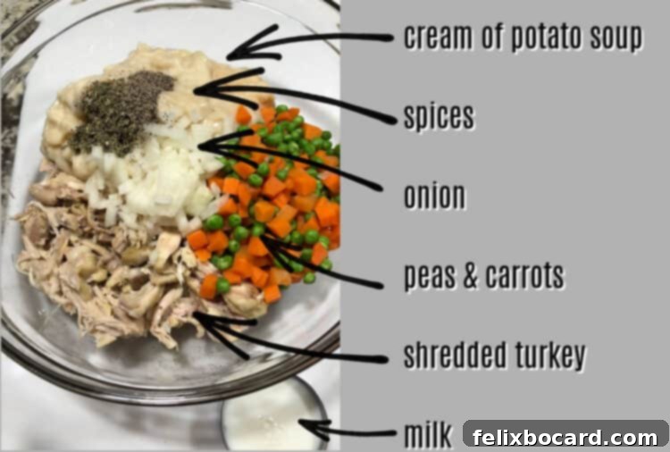 A flat lay of the ingredients required for making a puff pastry turkey pot pie, including cooked turkey, soup cans, frozen vegetables, an onion, milk, and a sheet of puff pastry.
