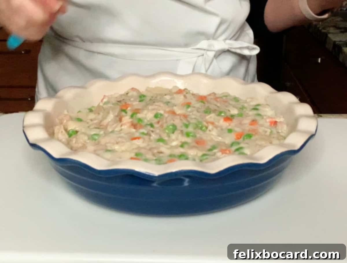 Turkey pot pie filling added to a pie plate for initial bake.