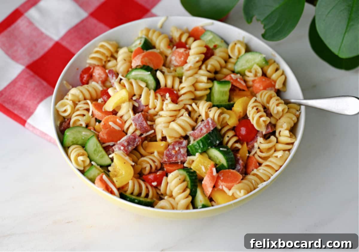 Effortless Pasta Salad 2 A serving bowl of easy and delicious pasta salad.