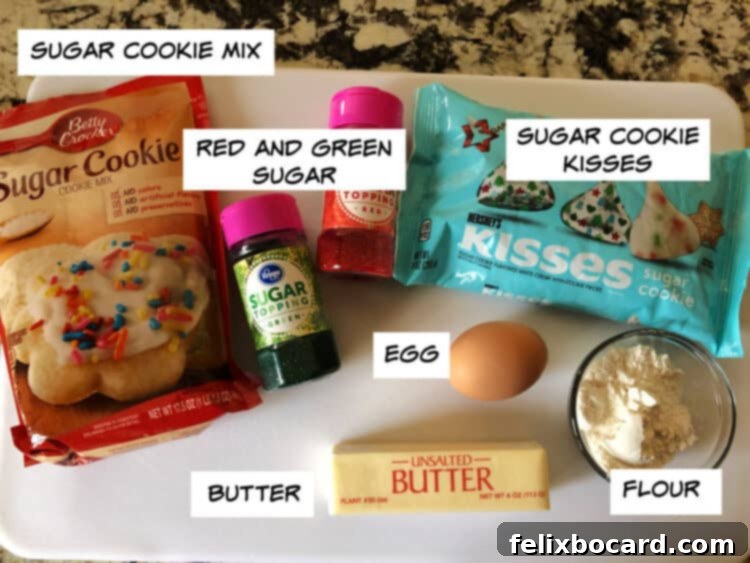 Delicate Sugar Blooms 3 Key ingredients for Sugar Cookie Blossoms: a bag of cookie mix, vibrant colored sugar, an assortment of flavored kisses, an egg, flour, and softened butter.