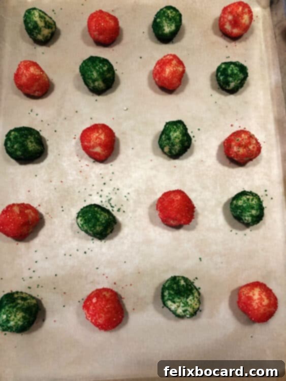 Delicate Sugar Blooms 5 Uniform balls of sugar cookie dough, freshly rolled in festive sugar, neatly arranged on a baking sheet, ready for the oven.