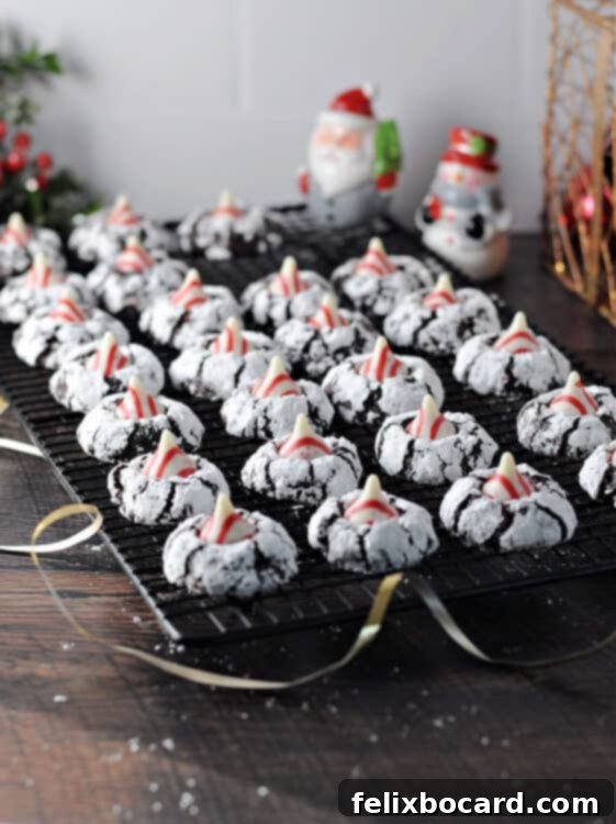 Peppermint Chocolate Kiss Cookies 2 batch of chocolate peppermint kiss cookies cooling on a rack