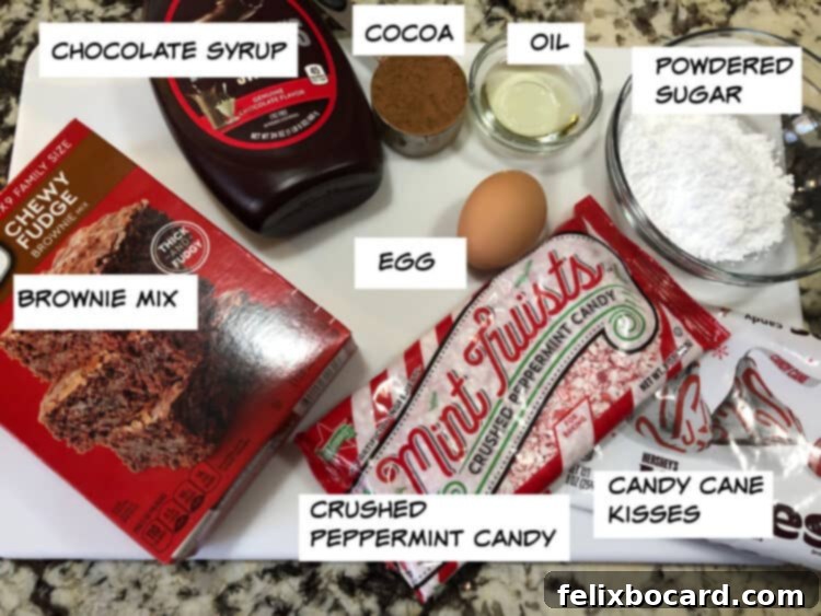 Peppermint Chocolate Kiss Cookies 3 ingredients: brownie mix, chocolate syrup, cocoa, oil, egg, powdered sugar, candy cane kisses and crushed candy