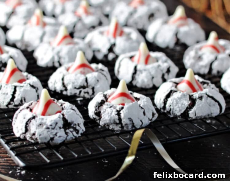 Peppermint Chocolate Kiss Cookies 6 close up of chocolate peppermint kiss cookies cooling on a rack