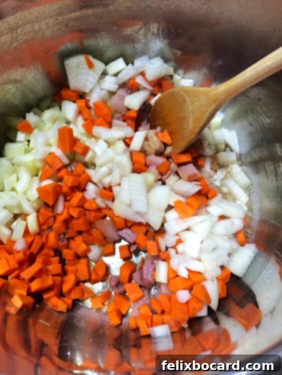 saute pancetta and vegetables