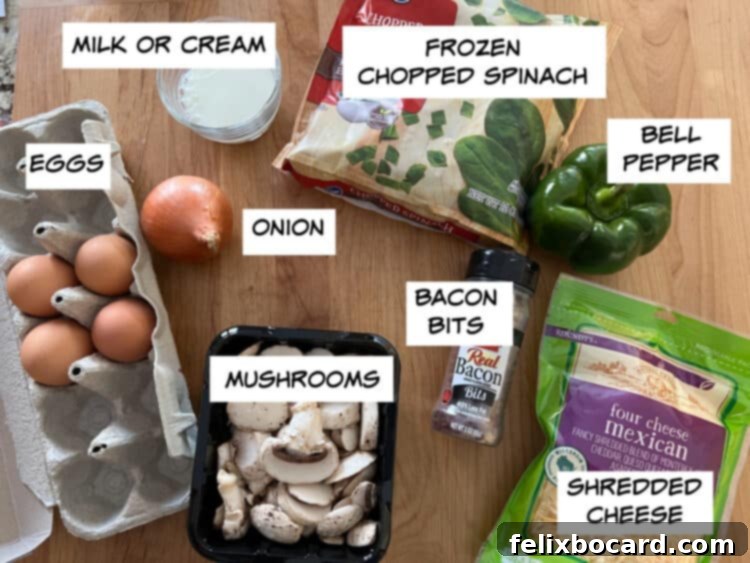 Keto Breakfast Casserole with Spinach, Bacon, and Eggs 3 ingredients: Eggs, milk, spinach, onion, cheese, bell pepper, mushrooms, bacon bits.