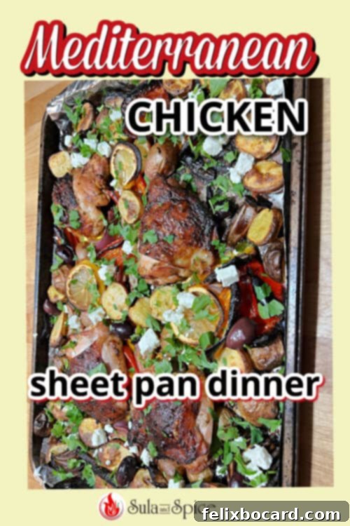 A Pinterest-optimized vertical image showcasing the Mediterranean chicken sheet pan dinner, ideal for sharing.