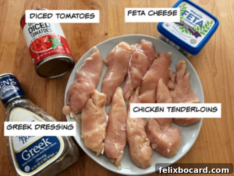 Mediterranean Feta Chicken Tenders 3 A simple yet inviting flat lay showcasing the four key ingredients for baked feta chicken: vibrant diced tomatoes, crumbled feta cheese, raw chicken strips, and a bottle of Greek salad dressing.