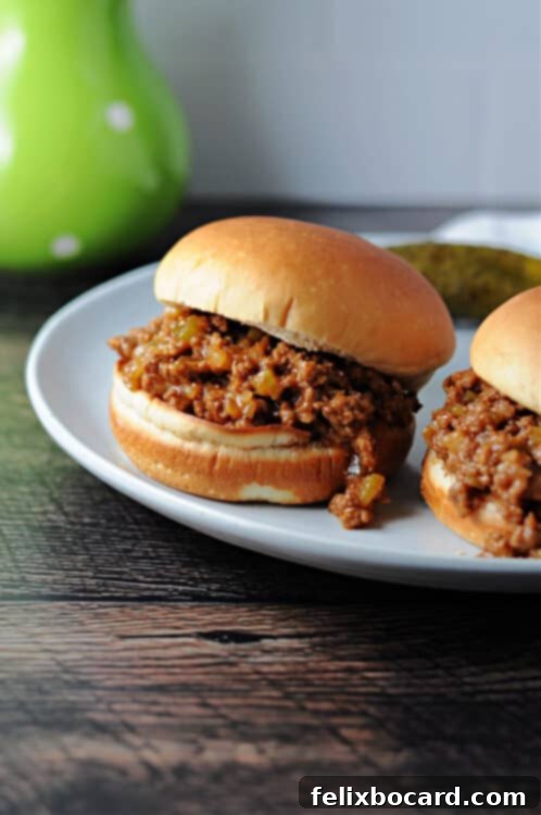 Two sloppy joes on toasted buns, served on a pristine white plate, garnished with a sprinkle of fresh parsley.