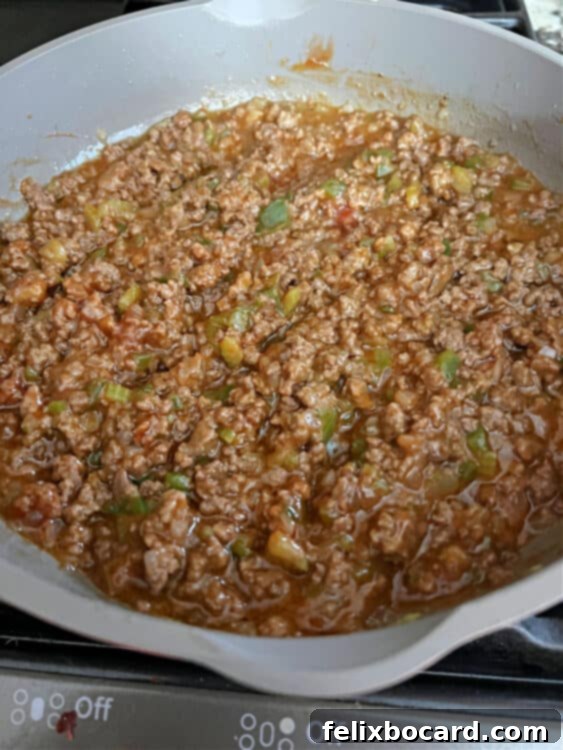 A close-up shot of the sloppy joe mixture simmering gently in a skillet, with the rich, red-brown sauce bubbling around the ground beef and visible vegetable pieces.